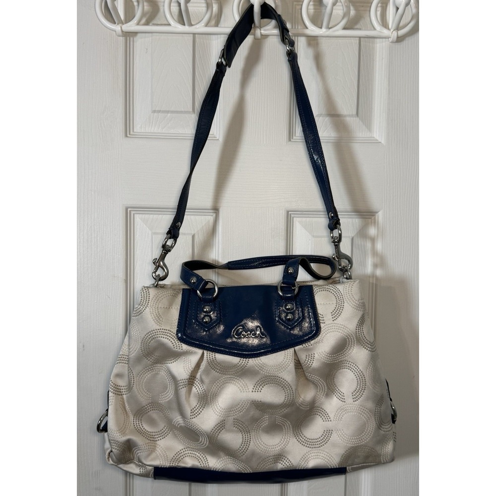 Coach Ashley Dotted Op Art Carryall Shoulder Bag Cream Blue Leather Silver Hard